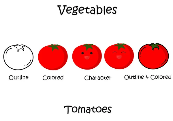 Kolekce Ilustrací Rajčatové Zeleniny Obrysovými Designy Barvami Bez Obrysů Znaků — Stockový vektor