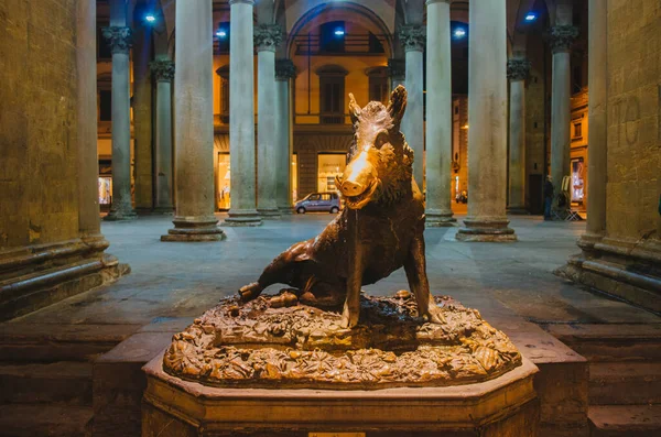 Floransa, İtalya - Mermer sütunlarla çevrili Fontana del Porcellino 'nun bir kopyası ve boş bir pazar alanındaki parlak ışıklarla akşamları aydınlanıyor.
