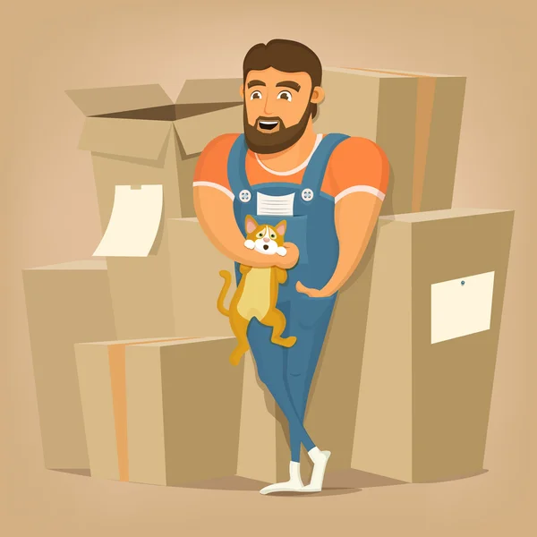 Trasferimento e consegna illustrazione della società. Mover uomo tenendo gatto . — Vettoriale Stock
