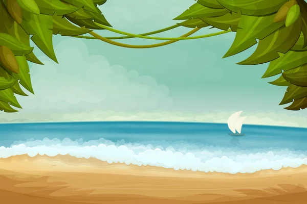 Прекрасний вид на море в сонячний день з піском, яхтою і рамкою для листя долоні — стоковий вектор
