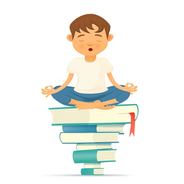 Ilustración con yong yoga meditación niño sentado en libros — Vector de stock