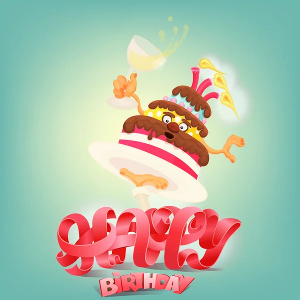 Gelukkig begrip verjaardagskaart met taart karakter — Stockvector
