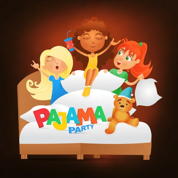 Ilustración de tres niñas que tienen pijama fiesta de pijamas — Archivo Imágenes Vectoriales