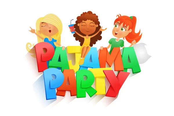 Ilustración de tres niñas que tienen fiesta de pijama. Plantilla de tarjeta de invasión — Vector de stock