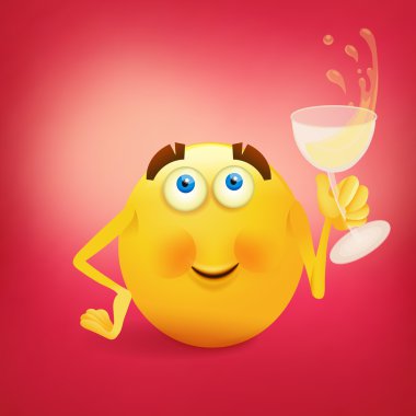 Komik sarı yüz kadeh şarap ile gülümseyen
