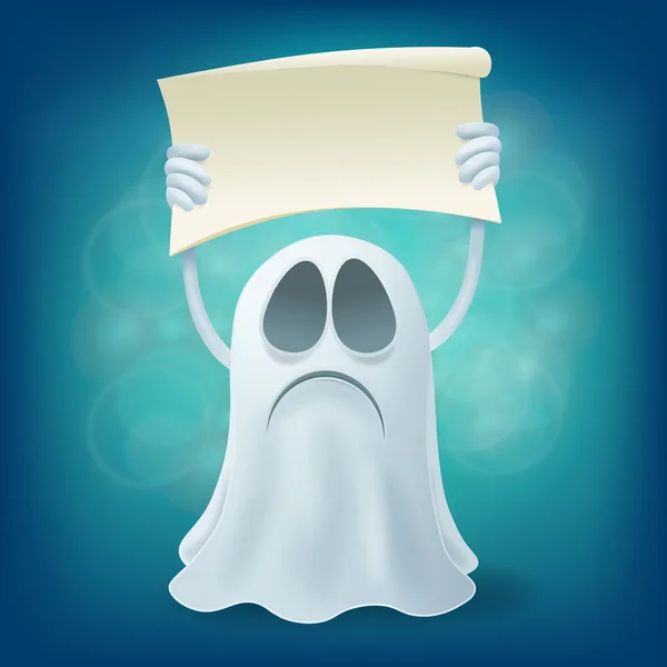 Fantasma dos desenhos animados triste com banner. elemento de design de festa de Halloween — Vetor de Stock