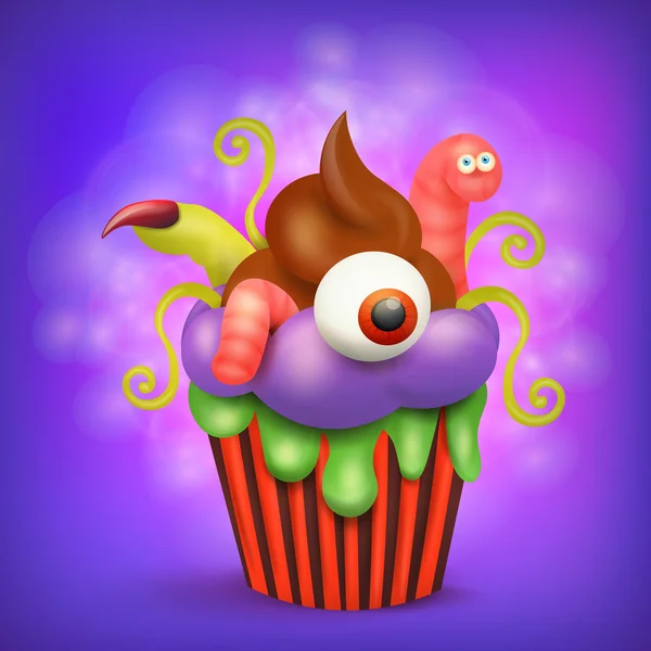 Halloween cupcake espeluznante con ojo gusano y dedo — Archivo Imágenes Vectoriales