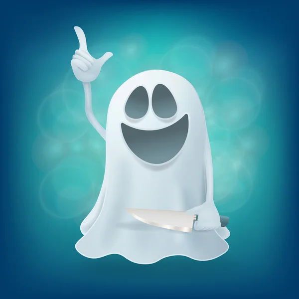 Laughing funny cartoon ghost character with knife — Stock Vector