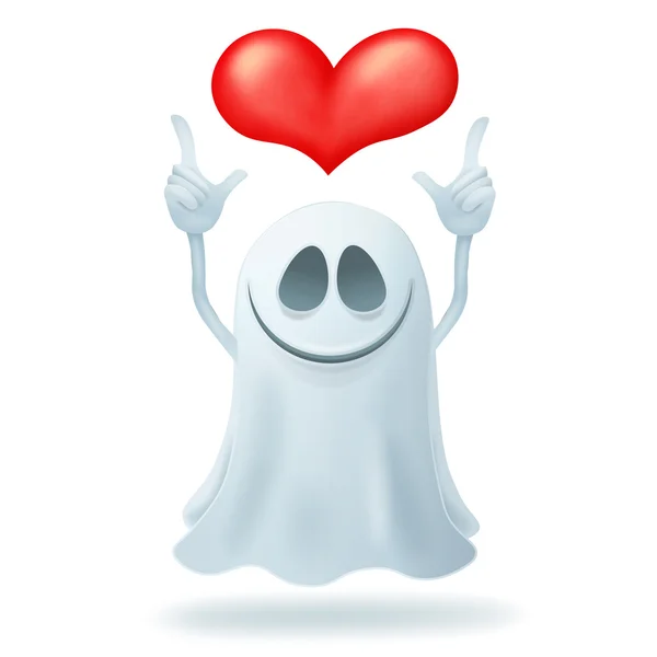 Smiley personaggio fantasma cartone animato con il cuore — Vettoriale Stock