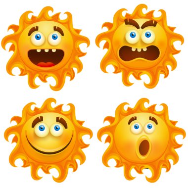 Güneş karakter simgeler farklı duygular ile set