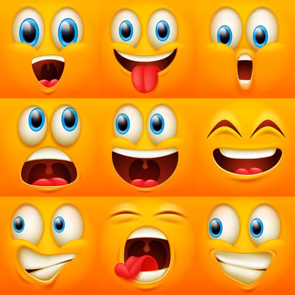 絵文字の顔 面白い顔の表情 戯画的な感情 表情豊かな目と口を持つかわいいキャラクター ベクトル絵文字コレクション — ストックベクタ