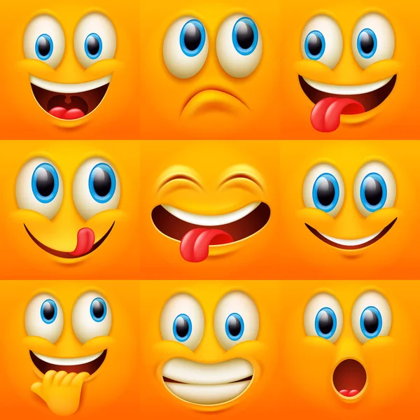 漫画の顔 面白い顔の表情 戯画的な感情 表情豊かな目と口を持つかわいいキャラクター ベクトル絵文字コレクション — ストックベクタ