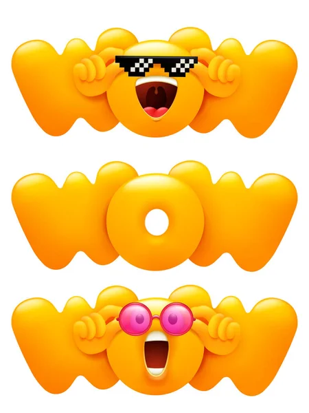 Wow Ikon Emoji Diatur Dengan Karakter Emoticon Kuning Gaya Kartun - Stok Vektor