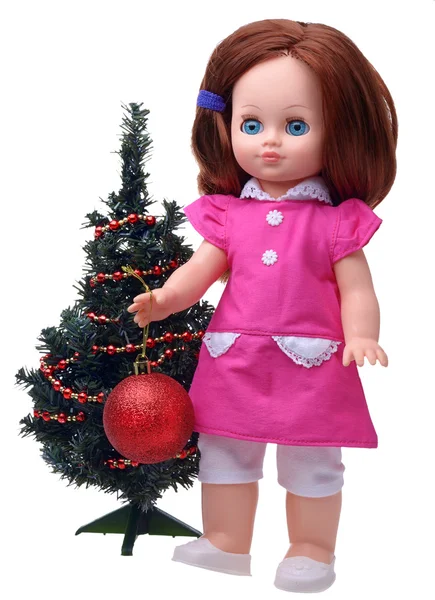 Antique Doll decorating christmas tree — Stock Photo, Image
