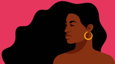 Güzel siyah kadın. Genç Afrikalı Amerikalı. Güzel yüzü ve saçları olan genç bir kadının portresi. Yan görüş. Pembe arka planda izole edilmiş..