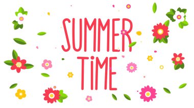 Yaz zamanı. Mektup ve bitkiler. Beyaz arka planda yapraklar ve pembe çiçekler. Tasarım için pankart, kartpostal veya dekoratif öge.