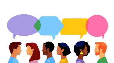 Sohbet. Erkek ve kadın karakterler konuşuyor, konuşuyor, mesajlar paylaşıyor. Genç erkekler ve kadınlar ve konuşma baloncukları. Beyaz arkaplanda izole edilmiş vektör. 