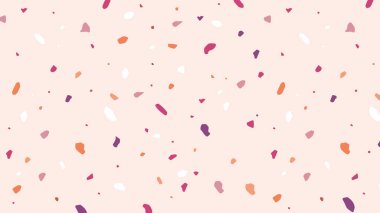 Terrazzo katı. Klasik Venedik dokusu: taş, granit, kuvars, mermer, cam ve beton. Pembe, mor, turuncu ve fuşya renkleriyle modern minimalist taban. Vektör arkaplanı.