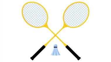 Beyaz arka planda badminton oynamak için Shuttlecock ve raketler. Badminton oynamak için spor aletleri. Spor, eğlence, eğlence ve rekabet kavramı. Modern biçim çizimi.