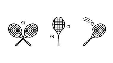Tenis ikonu seti. Tenis topları ve tenis raketi. Sahada tenis oynamak için spor aletleri. Spor, eğlence, eğlence ve rekabet kavramı. Modern biçim çizimi.