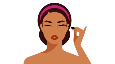 Kirpikleri boyama maskarası. Makyaj yapan genç bir kadın, kirpiklerini siyah rimel ile boyuyor. Yakından bir kadın yüzü. Vektör düz biçim illüstrasyonu.