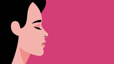 Pembe arka planda üzgün bir genç kadın. Yan görünüm portresi. Stres, endişe, korku ve ayrılık yaşayan üzgün bir kadın. İnsan karakterinin vektör illüstrasyonu. Duygusal konsept.