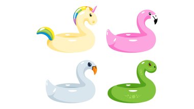 Tek boynuzlu at, flamingo, ejderha, kuğu. Çocuklar için lastik yüzme yüzükleri. Beyaz arka planda farklı bir yüzme tüpü. Modern vektör illüstrasyonu