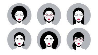 Görseller simgesi seti. Profil, tasarım ve afiş için çeşitli kadın yüzleri. Farklı saç stilleri olan güzel kadın avatarlar Afro, at kuyruğu, kakül, kare, çörek, düz saç. Modern biçim.