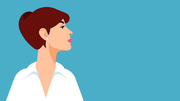 Красивое женское лицо. Крупным планом молодая привлекательная девушка модель в белой рубашке. Стильный графический портрет самоуверенной независимой женщины. Вид сбоку. Векторная иллюстрация с местом для копирования.