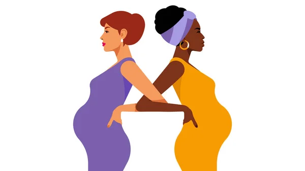 Wieloetniczne Kobiety Ciąży Czarne Białe Kobiety Spodziewają Się Dziecka Koncepcja — Wektor stockowy