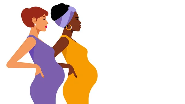 妊娠中の２人 若い美しい多民族の女性 赤ん坊を期待してる 肌の色 社会の多様性 コピースペースと現代的なベクトルイラスト — ストックベクタ