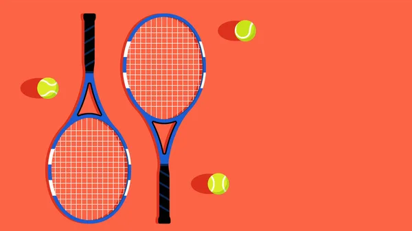Tennis rackets and balls. Sports equipment on orange court, top view. Amateur Tennis Tournament. Illustration for cover, poster, tournament, competition. Modern vector illustration.
