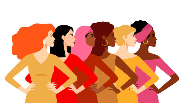 Multi-ethnic women. Women different cultures. The struggle for rights and equality. Female empowerment movement. Different women: African, European, Latin American, Asian, Arab.