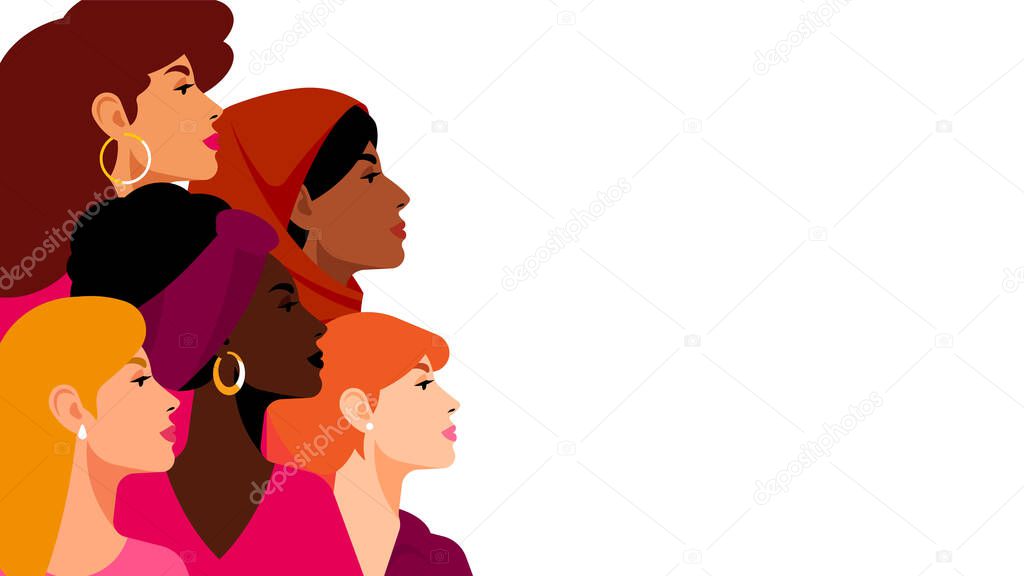 Multi-ethnic women. A group of beautiful women with different beauty, hair and skin color. The concept of women, femininity, diversity, independence and equality. Vector illustration.