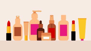 Kozmetik ürünleri: krem, losyon, ruj, tonik, serum, jel. Cilt bakımı ayarlandı. Cilt bakımı, cilt bakımı, sağlık, yüz bakımı. Vektör modern resimleme.