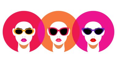 Abstract art poster with female faces - red lips, modern sunglasses, round straw hat. Glossy red lips, face silhouette, sensual women - head, neck, stylish accessories. Contemporary trendy art.  clipart