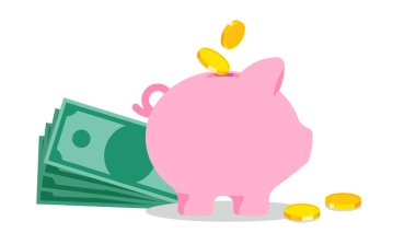 Domuz kumbarası. Düşen altın dolarlar ve dolarlar, yeşil banknotlar. Yatırım, tasarruf ve bankacılık kavramı. Paralı para kutusu. Beyaz arkaplanda vektör illüstrasyonu.