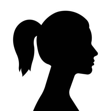 Siluet kadın kafası. Saç stili, at kuyruğu, yan görünüş, kafa ve boyun. İnsan kafasının siyah şekli.