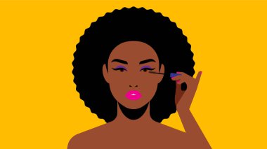 Güzel siyah kadın kirpiklerini boyuyor. Parlak, güzel makyaj sanatçısı. Siyah rimel. Modern vektör çizimi. Güzellik ve kişisel bakım konsepti.