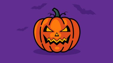 Sopalı balkabağı Jack. Kızgın suratlı Cadılar Bayramı kabağı. Mor arkaplanda parlak illüstrasyon.