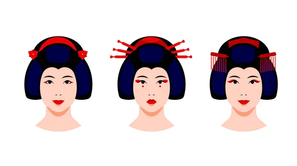 Portrait Femmes Geisha Japonaise Ensemble Femmes Geisha Japonaise Avec Différents — Image vectorielle