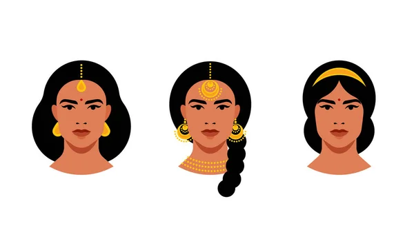 Портрет Индийских Женщин Разным Макияжем Прической Шпильками Индийская Женщина Крупным — стоковый вектор