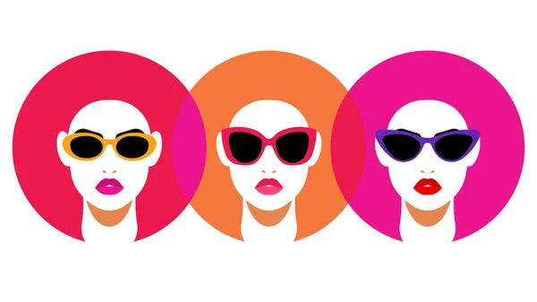 Cartaz Arte Abstrato Com Caras Femininas Lábios Vermelhos Óculos Sol — Vetor de Stock