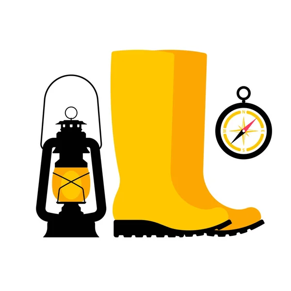 橡胶靴 煤油灯和指南针 一套用于海卡卡的物体 旅行到山上去 现代扁平风格的物体 — 图库矢量图片