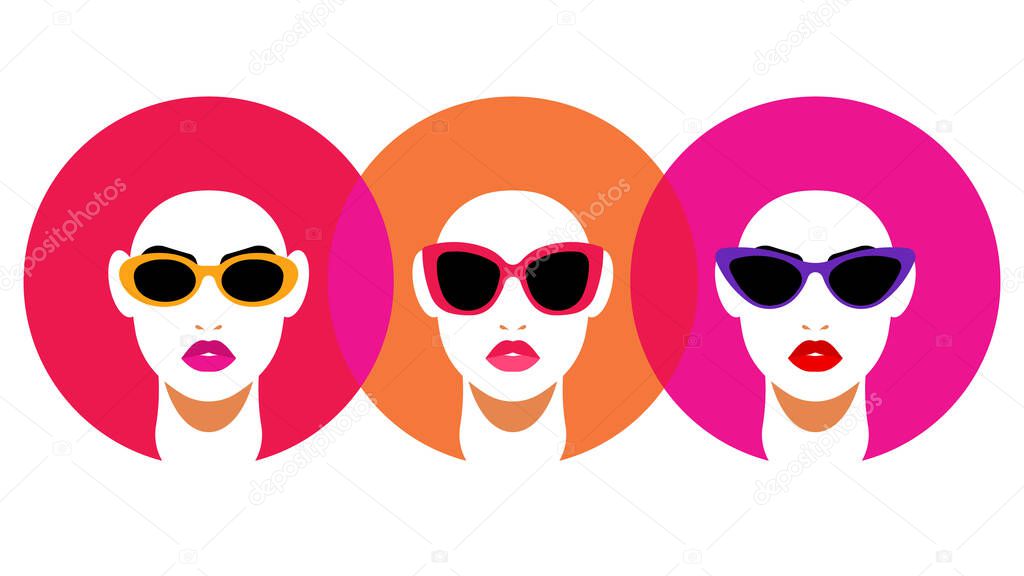 Abstract art poster with female faces - red lips, modern sunglasses, round straw hat. Glossy red lips, face silhouette, sensual women - head, neck, stylish accessories. Contemporary trendy art. 