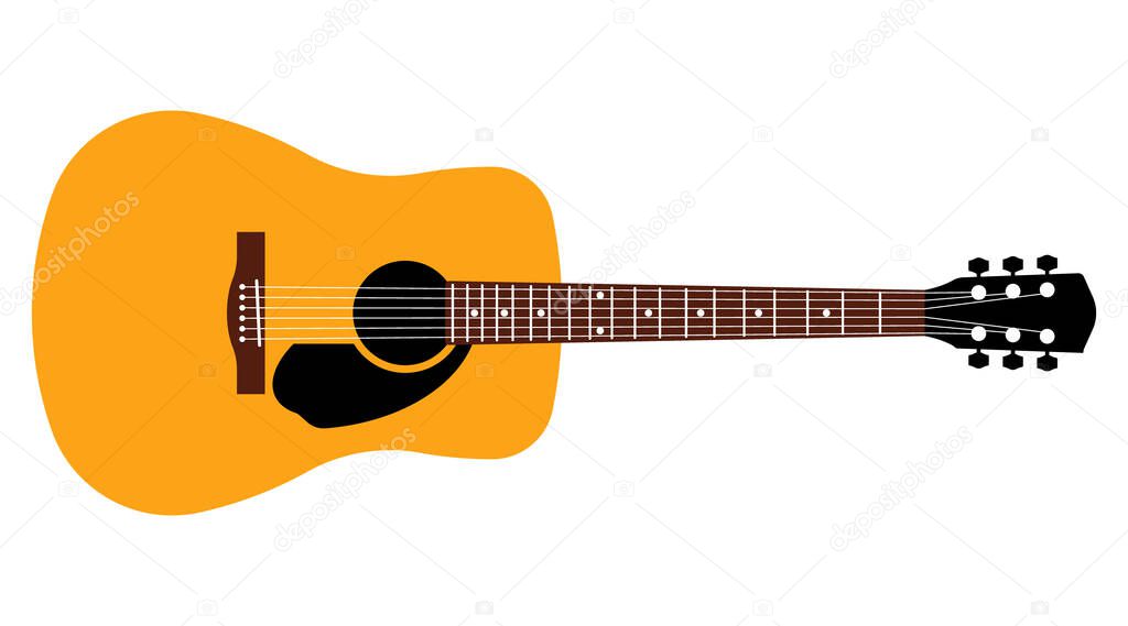 Acoustic guitar. Musical instrument. Vector illustration, flat style. Isolated on white background.