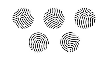 Bir elin üç yuvarlak parmak izi seti. Siyah ve beyaz parmak izleri. Kullanıcı tasarımı, afişler, arayüzler, reklamlar için deste baskılar. Modern vektör