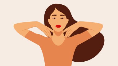 Önünde durup yüzüne dokunan tatlı bir genç kadın. Cilt bakımı, günlük rutin yüz masajı, prosedür. Düz modern karikatür çizimi.