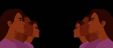 Bir grup insan, Amerikan vatandaşlarının yüzleri ve bir slogan. Siyahi vatandaşlar toplumsal eşitlik, ırkçılık, şiddet ve yolsuzluğa karşı savaşıyorlar. Siyah arkaplan.