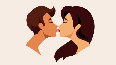 Erkek arkadaşıyla öpüşen uzun saçlı güzel bir kadının yan görünüm portresi. Güzel bir çift, insan siluetleri, yan görüş. Çağdaş modern vektör.